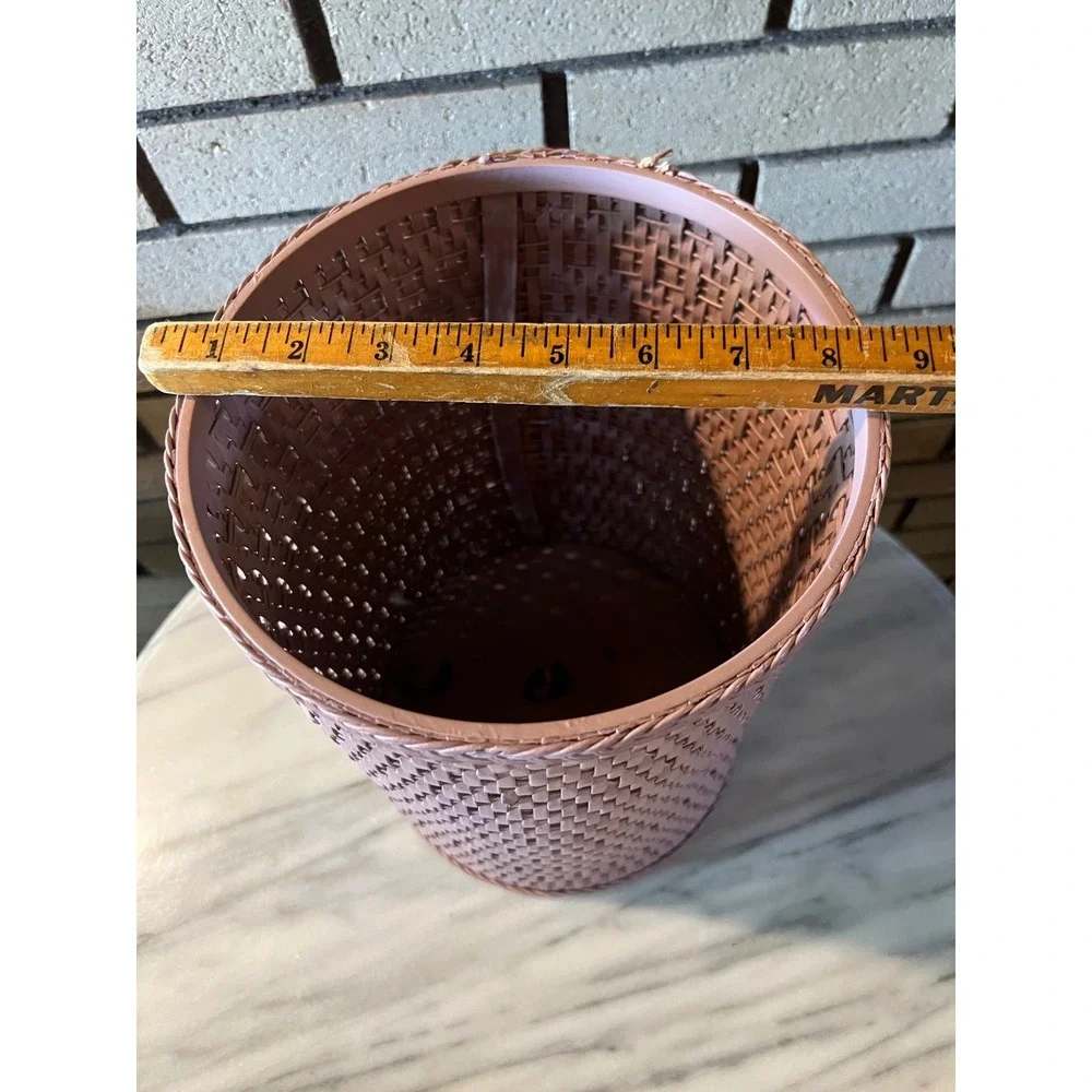 Vintage Pink Woven Wicker Style Wastebasket Trash Can Boho Granny Cottage core